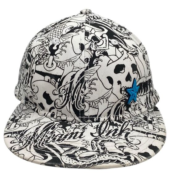 Miami Ink All Over Design Fitted Hat OSFM Blue Star Snake Koi Skull (H25) - Picture 1 of 10
